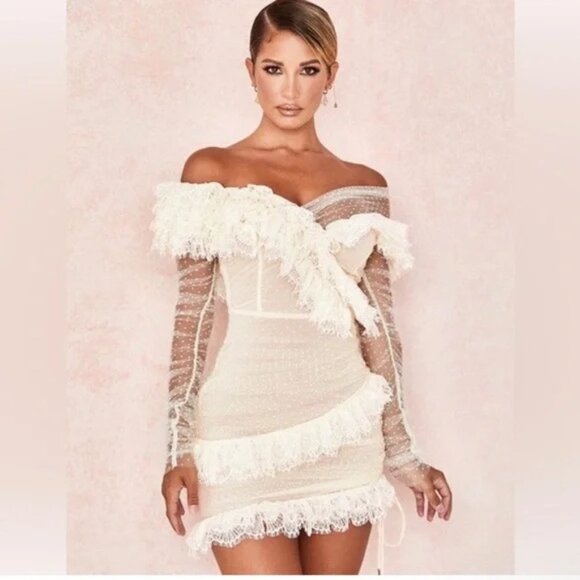 House of CB Dresses & Skirts - House of CB Sorrel Ivory Lace Frill Mini Dress Size M Off Shoulder Sexy Ruffles
